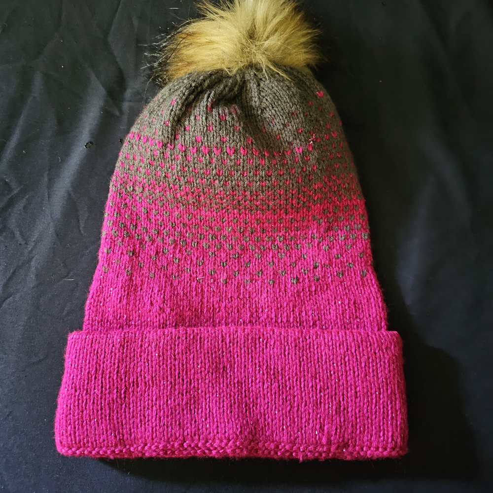 Stylish Pink and Brown Knit Pom-Pom Beanie